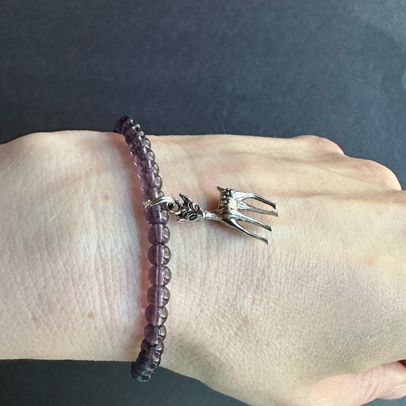 Handmade purple silver deer charm copper bracelet stretch elastic - Picture 4 of 5